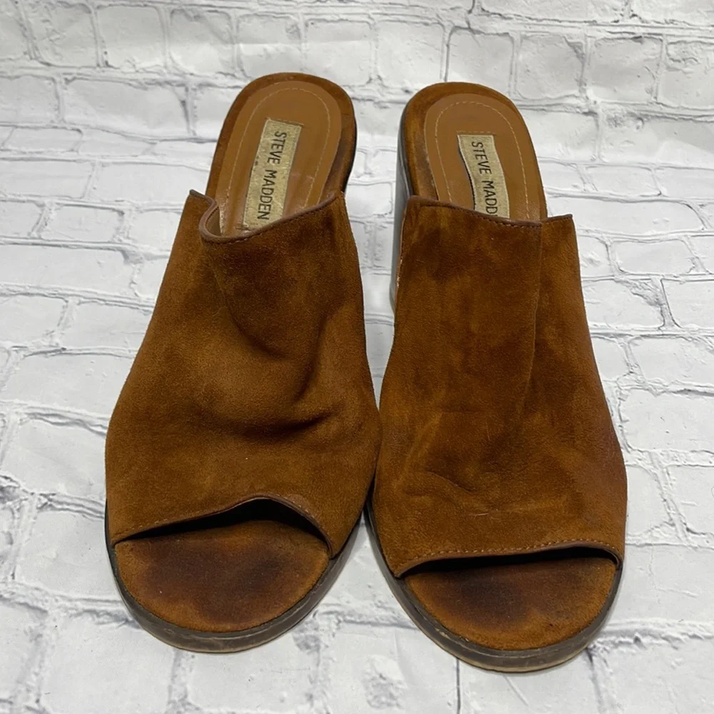 Steve Madden Krizia Size 9 Tan Suede Leather Chunky Heel Open Toe Mule Shoes - Picture 4 of 9